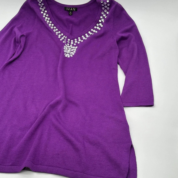 Iman Sz XS Sweater Top Tunic Rhinestone Jewel Beads Cashmere Blend - Picture 3 of 10